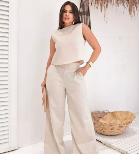 Conjunto Alfaiataria Social Feminino Calça e Blusa Em Linho