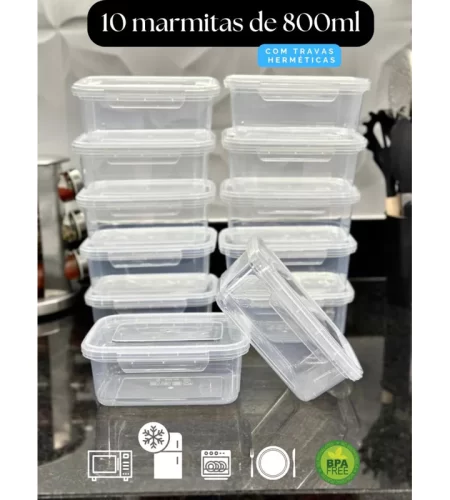Kit 10 Marmita Potes 800ml com Travas Laterais BPA FREE – Alimentos organizadores de congelador