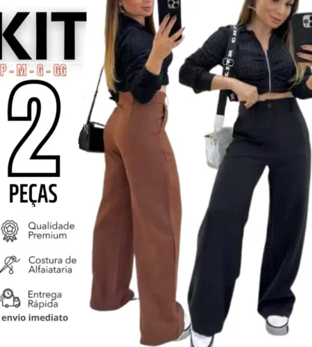 Kit 2 Calças Alfaiataria Premium Cintura Alta Com Bolso!