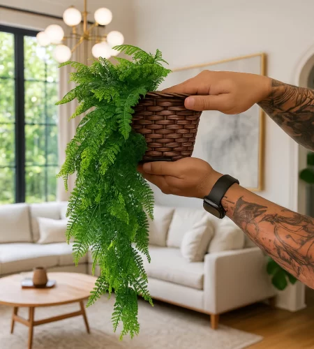 Kit Planta Decorativa: Vaso Trançado Marrom + 1 Pendente Artificial Folhas De Samambaias