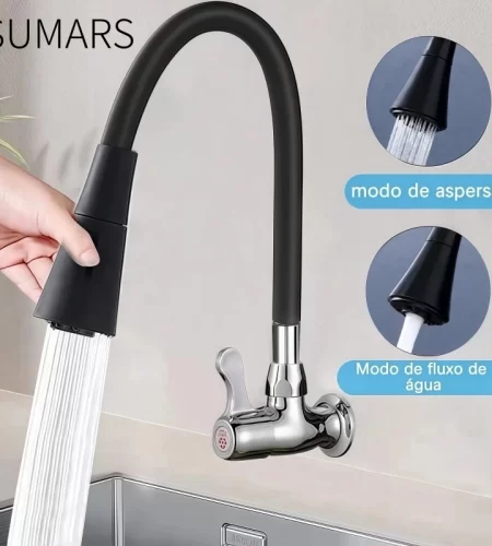 Torneira Cozinha Parede preta Flexível Duplo Jato Cone 1/4 de Volta 40cm