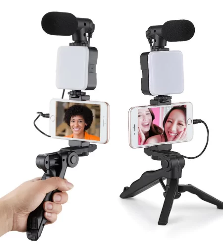Tripé Estabilizador de Mão kit 5 em 1 gimbal Microfone Celular Gravação De Vídeo