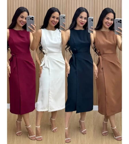 Vestido Feminino Alfaiataria Midi com Amarração Lateral Elegante