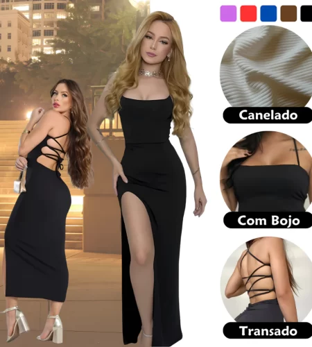 Vestido LONGO elegante com costas nuas trançadas Fenda Lateral Empina Bumbum Colado