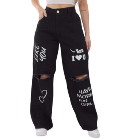 Calça Jeans Feminina Wide Leg! Detalhes modernos de rasgos nos joelhos e pinturas únicas