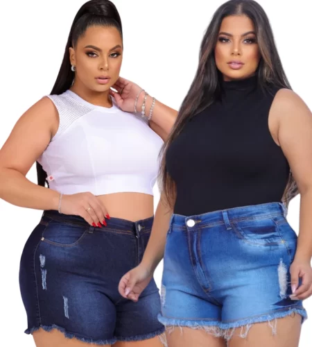 KIT 2 Shorts Jeans Plus Size Cintura Alta Hot Paint – Bermuda Feminina Com Lycra casual Feminino