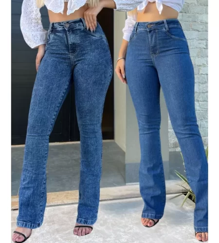 Kit  2 calças Boca De Sino  Flare Cintura Alta Jeans Premium Hot Paint Empina Bumbum