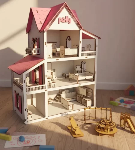 Kit Casinha de Boneca + 19 Miniatura Moveis com Parquinho em mdf Casa de Boneca Pequenas